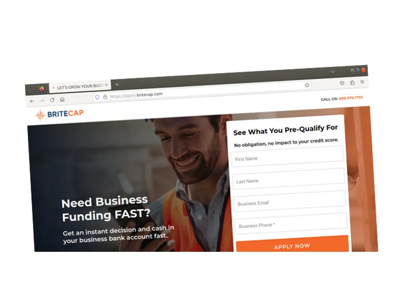 BriteCap application web page in a browser, with a pre-qualification form beside a smiling worker holding a phone