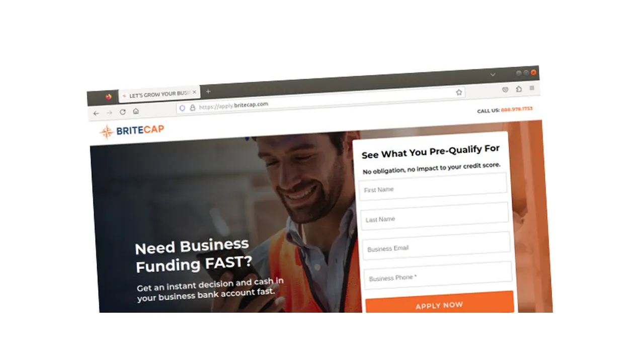 BriteCap application web page in a browser, with a pre-qualification form beside a smiling worker holding a phone