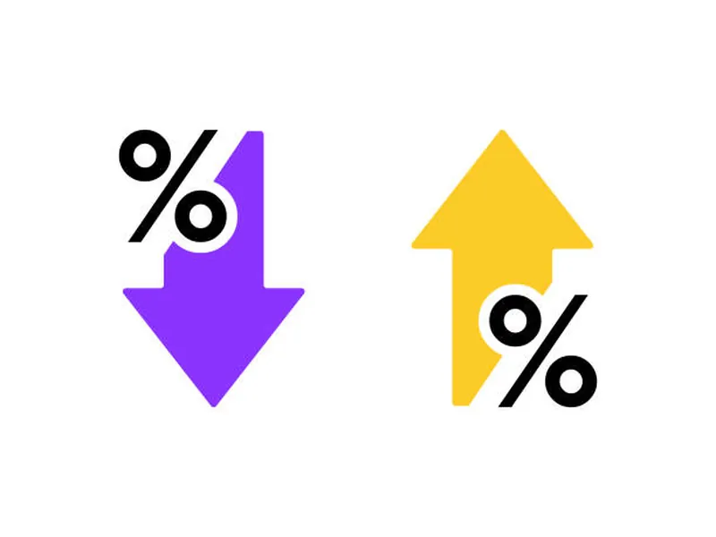 Purple downward arrow and yellow upward arrow, each paired with a black percent sign, on a white background