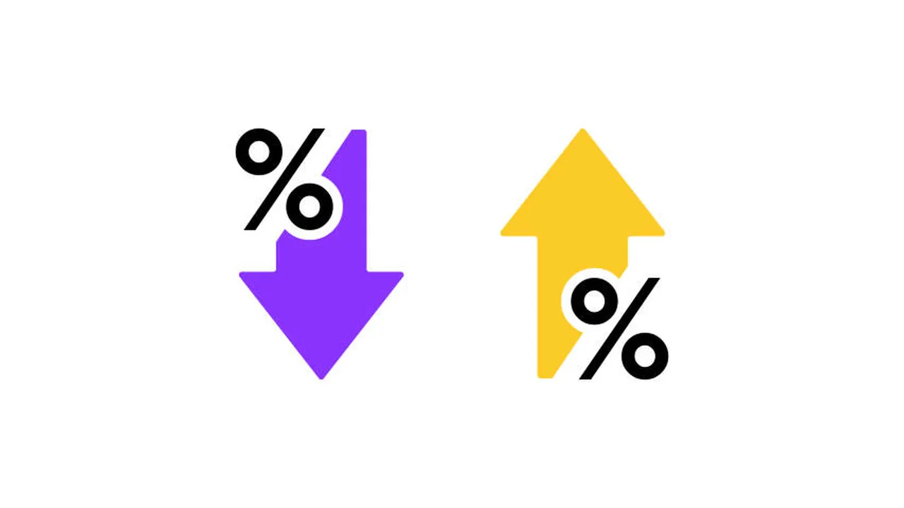Purple downward arrow and yellow upward arrow, each paired with a black percent sign, on a white background
