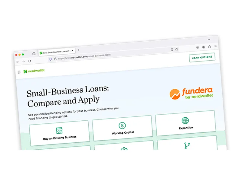 Browser window showing the NerdWallet small-business loans page with the Fundera by NerdWallet logo