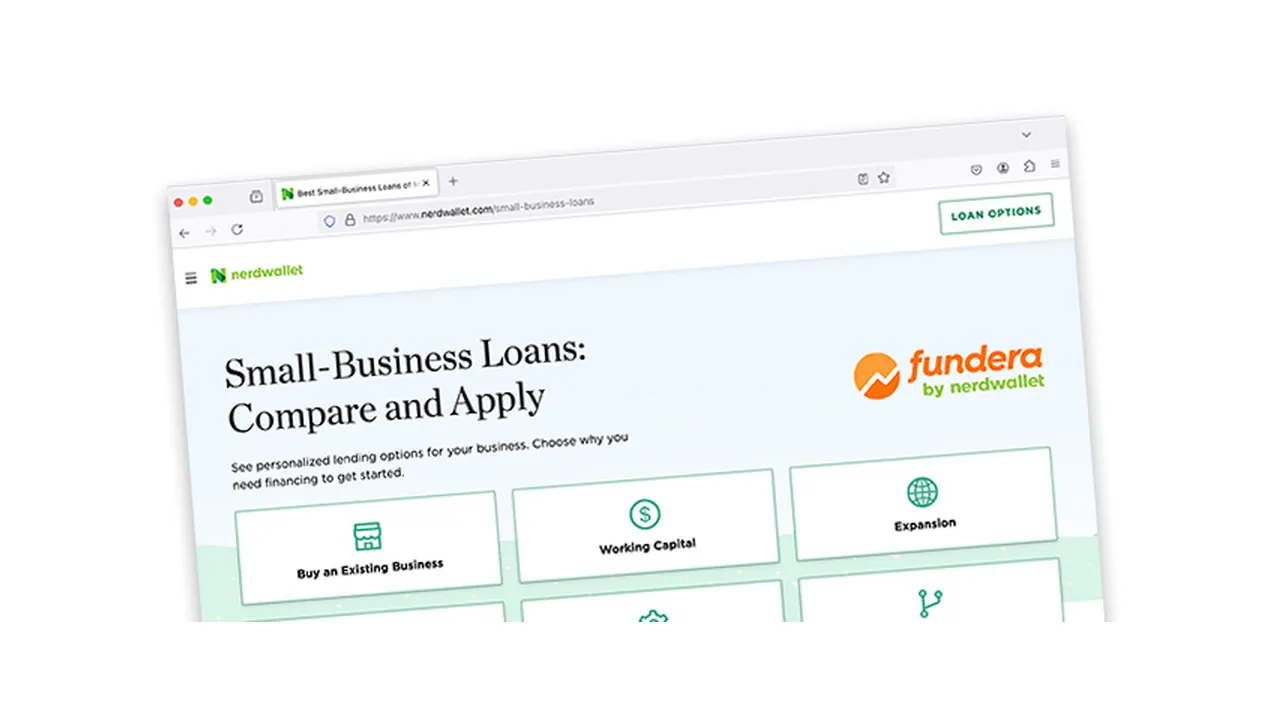 Browser window showing the NerdWallet small-business loans page with the Fundera by NerdWallet logo