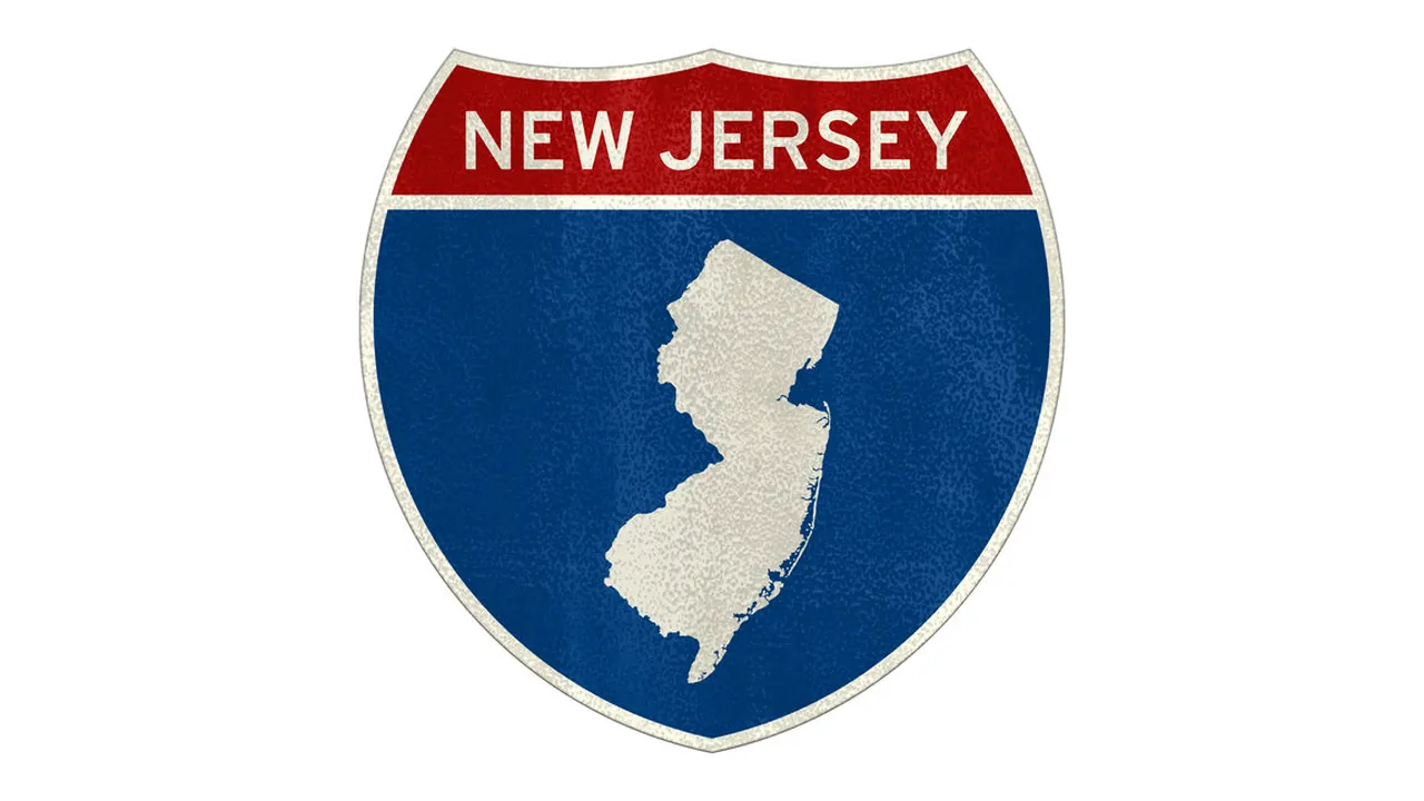 New Jersey interstate highway sign with a white state outline on a blue shield and red banner