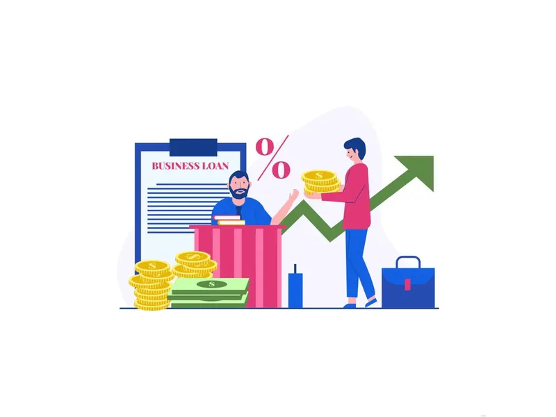 Flat illustration of a man at a desk, stacked coins, and a person carrying coins beside a rising green arrow