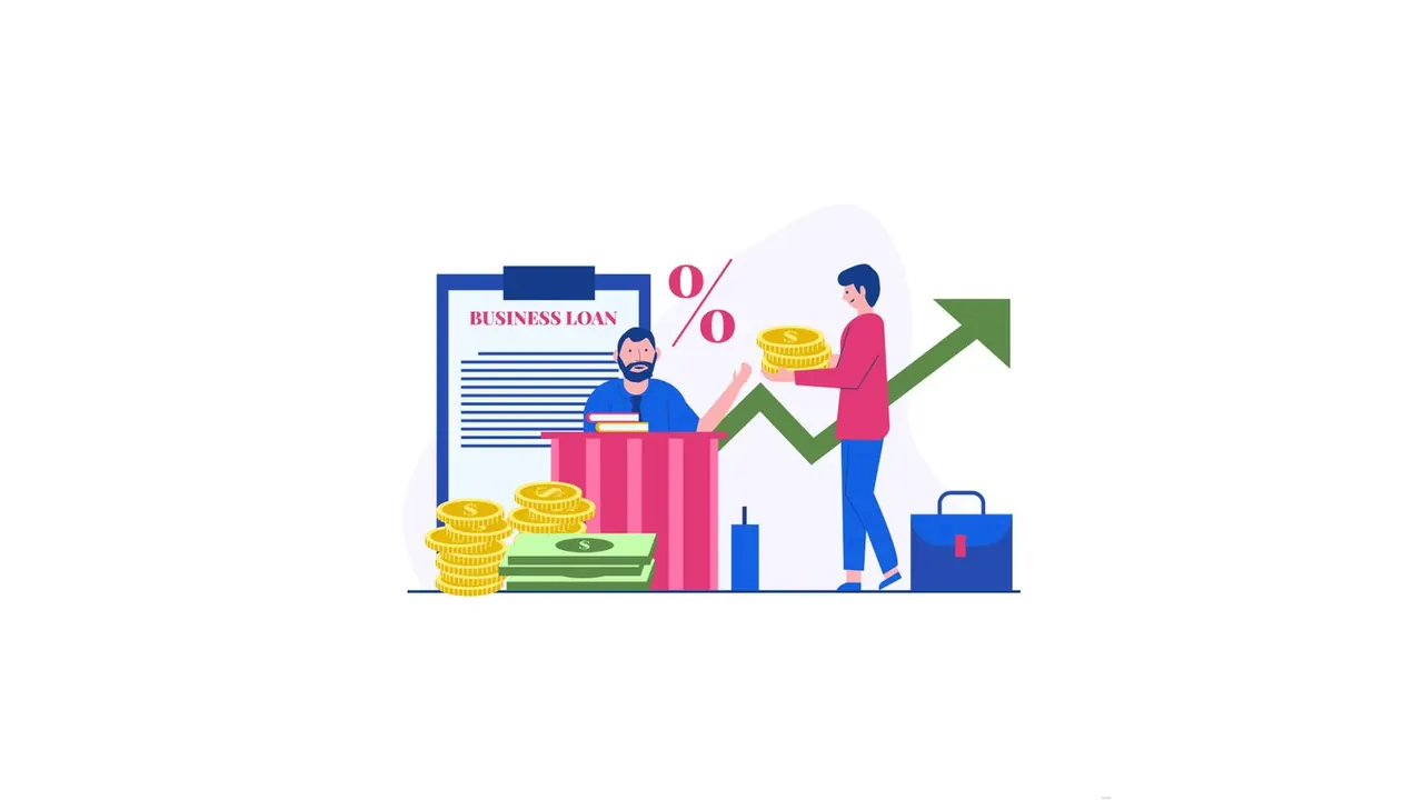 Flat illustration of a man at a desk, stacked coins, and a person carrying coins beside a rising green arrow