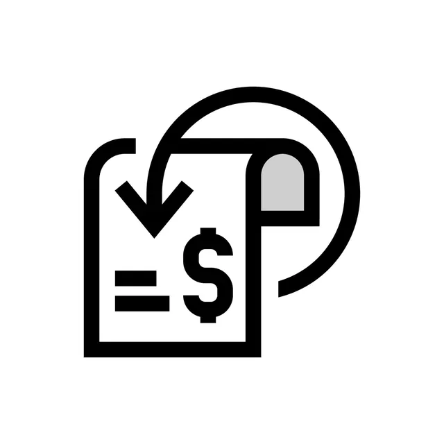 Black line icon of a dollar receipt with a downward arrow inside a curved circular arrow