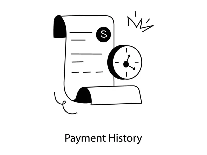Line-art icon of a payment history receipt scroll with a dollar sign and a clock
